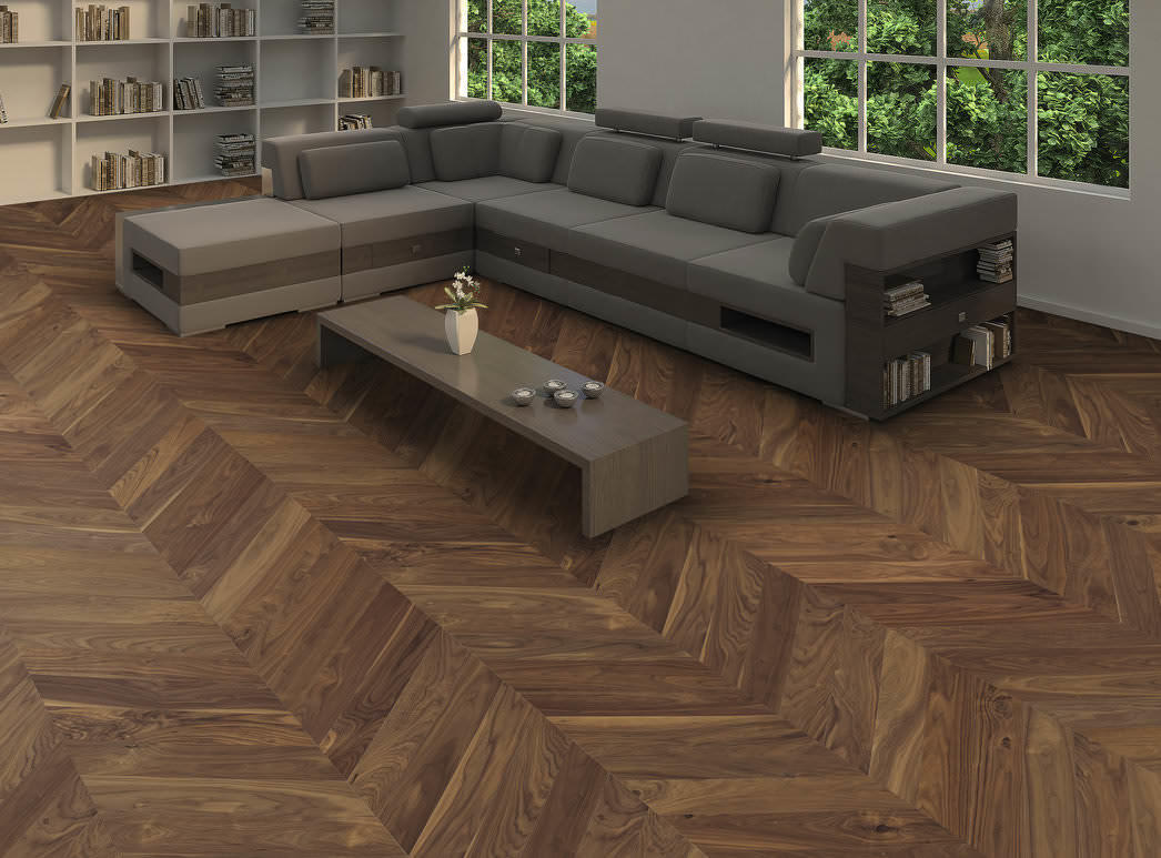 parkettmanufaktur by HARO Chevron 4V Amerikansk valnød Selectiv oleovera Not & fer