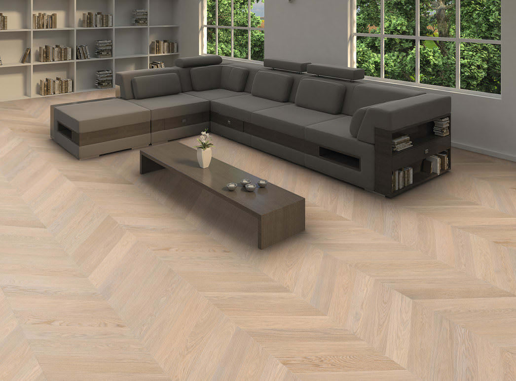 parkettmanufaktur by HARO Chevron 4V Eg hvid Selectiv børstet oleovera Not & fer