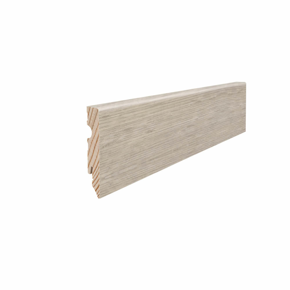 Skirting with solid wood core 15 x 80 mm cube 2,2 m MDF, lam. cover water res. Oak Sicilia White / Bergamo Silver Grey*