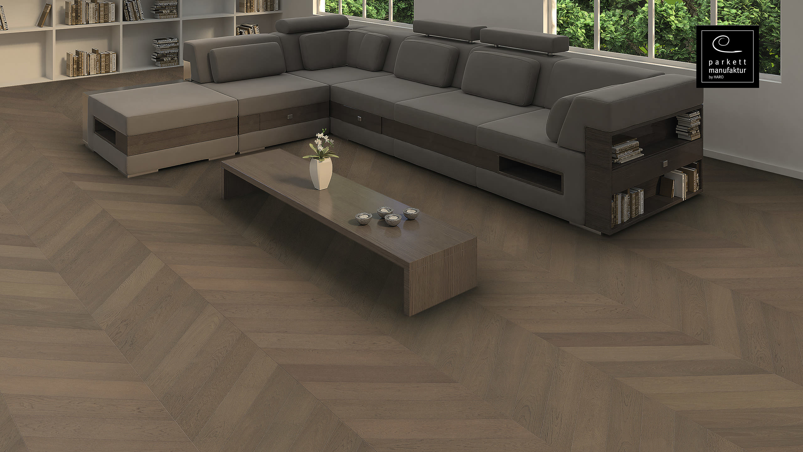 parkettmanufaktur by HARO Chevron 4V Oak Graphite Grey Selectiv brushed oleovera Tongue and Groove